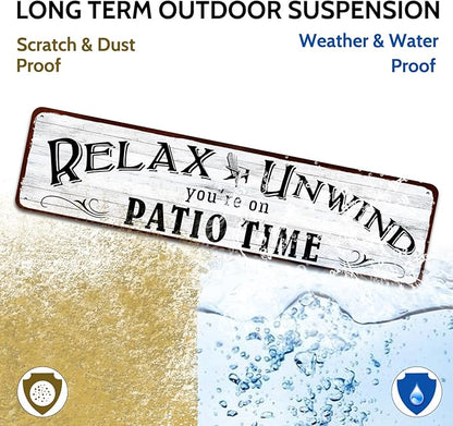 Patio Wall Decor Backyard Patio Signs And Decor Outdoor 4" by 16" Tin Sign For Home, Bar, Porch - Relax Unwind You're On Patio Time