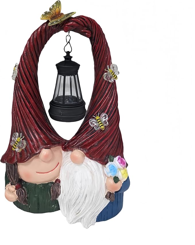 Couple Gnome Figurine with Solar Lantern Gnome Lamp Decor Garden Statue Outside Outdoor Yard Housewarming Gifts for Mom Women Grandma Valentine's Day Anniversary