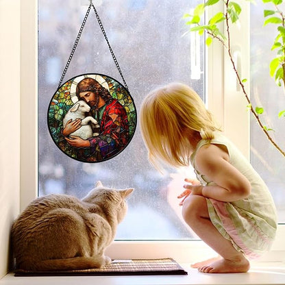 DASTOLL Stained Glass Window Hanging, Jesus Little Lamb Sun Catchers Colorful Glass Panel Christianity Suncatcher Decor for Birthday for Women, Men, Wife, Aunt, and Mom 7.8 in