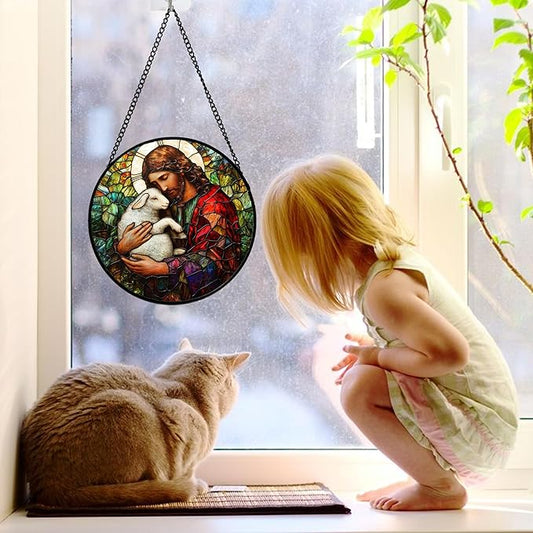 DASTOLL Stained Glass Window Hanging, Jesus Little Lamb Sun Catchers Colorful Glass Panel Christianity Suncatcher Decor for Birthday for Women, Men, Wife, Aunt, and Mom 7.8 in