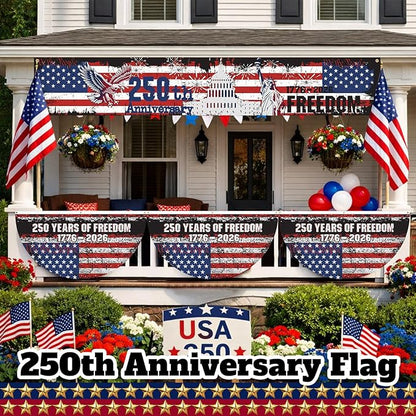 Chumia 5 Pcs USA 250th Anniversary Decoration Set Include 4 Patriotic Fan Banners 1 Large Fence Banner 1776-2026 Semiquincentennial Outdoor Bunting for 4th of July, Memorial Day, Patriotic Party Decor