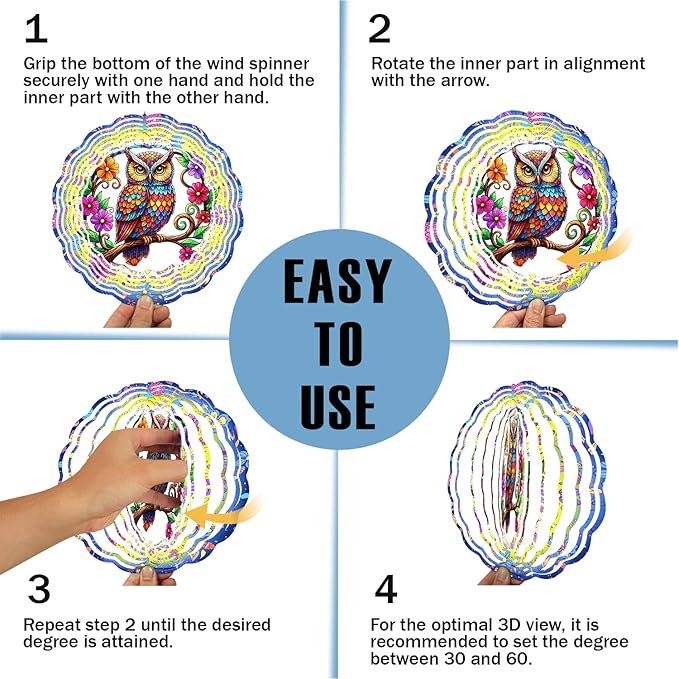 Owl Wind Spinner, 3D Hanging Stainless Steel Garden Spinner, Wind Spinner Hanging for Outdoor & Indoor Décor, Unique Gifts for Yard Garden Decoration or Patio Décor (Owl)