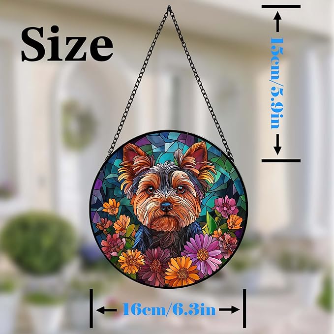 Yorkshire Terrier Stained Glass Suncatcher Dog Yorkie in Flowers Handmade Window Hangings Colored Glass Suncatcher Crafts Kits for Indoor Garden Home Decor Gift for Pet Lover Memorial (6.3in)