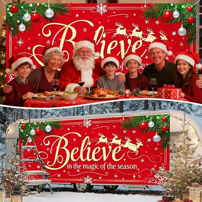IVN Merry Christmas Happy New Year Believe Garage Door Banner 13x6 ft Christmas Garage Door Cover Wnter Scene Background Indoor Outdoor Red Snowflake Reindeer Holiday Decorations for Home and Events Wall Backdrop Decor