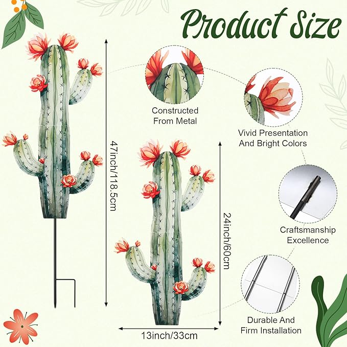 2 Cactus Yard Stakes Signs Waterproof Metal Garden Statues for Indoor/Outdoor Yard Garden Events