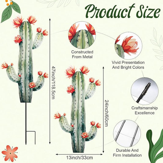 2 Cactus Yard Stakes Signs Waterproof Metal Garden Statues for Indoor/Outdoor Yard Garden Events