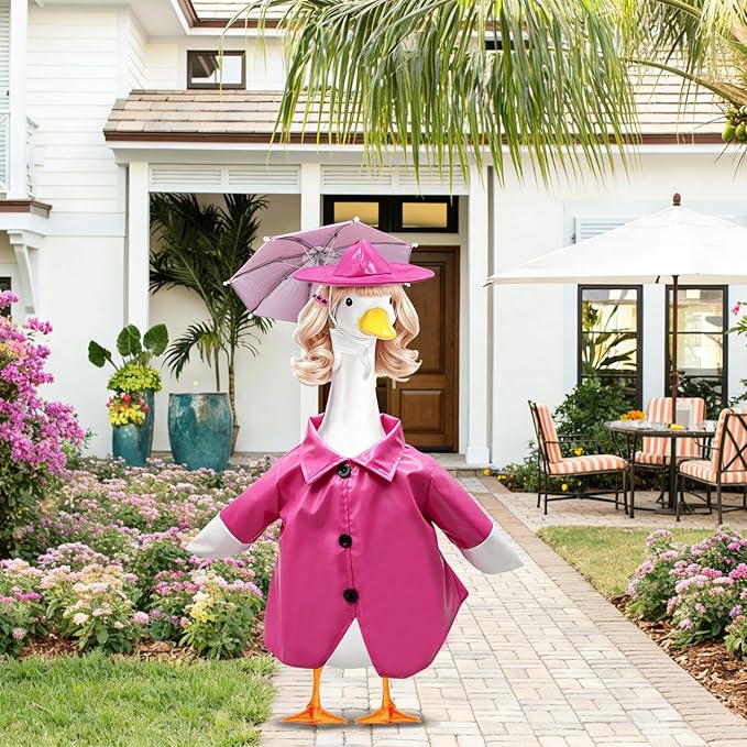 4 Pcs Porch Goose Raincoat with Wigs, Outfits and Clothes, Spring Summer Goose Statue Raincoat Costume, 23" Geese Statue Clothes for Patio Yard Lawn Outdoor Decor (Pink)