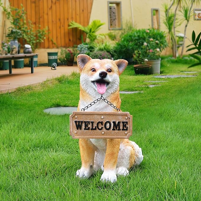 Akita Dog Sculpture with Solar Lantern & Signposts, 'On Patrol' & 'Welcome' - Outdoor Decorative Resin Dog Statue for Yard, Patio, Garden