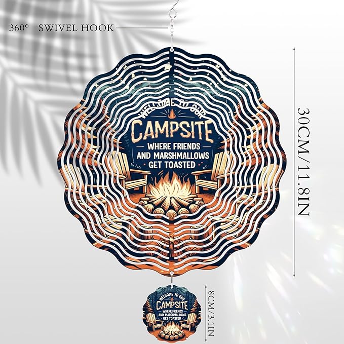 Metal Wind Spinners Outdoor - 3D Hanging Wind Spinner Camping Decor 12 Inch Kinetic Spinning Art Sculpture Welcome to Our Campsite Ornaments for Patio Lawn Garden Yard Gifts for Friends