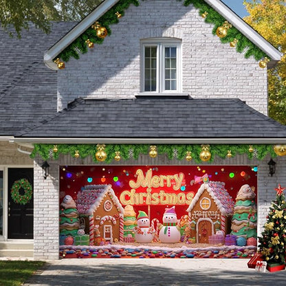 HOMETITUTE Christmas Garage Door Cover 13x6ft Snowman Gingerbread House Holiday Banner Red Background Colorful Lights Gift Boxes Seasonal Backdrop Outdoor Indoor Winter Party Festive Wall Porch