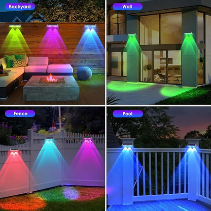 LIANGLOME 2 Pack Solar Fence Lights Outdoor, 2PK Solar Outdoor Light Warm White & RGB Solar Powered Lights for Outside Backyard, Patio, Deck Fence, Stair Handrail, Pool and Wall