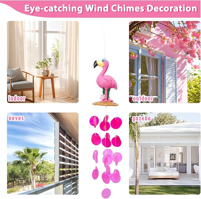 MUMTOP Wind Chimes for Outside, Flamingo Wind Chime, Tropical Pink Capiz Shell Windchimes for Patio, Outdoor,Garden,Yard,Coastal,Window,Home Decor or Gifts for Women