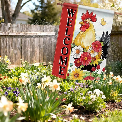 Dyrenson Welcome Spring Summer Rooster 28 x 40 House Flag Double Sided, Farm Animal Daisy Flower Red Garden Yard Decoration, Farmhouse Butterfly Burlap Outdoor Decor Decorative Large Flag