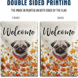 Floral Pug Garden Flag Fall Yard Flag Wildflower Dog Garden Flags Orange Autumn Lawn Flags Welcome Thanksgiving Outdoor Flags for Outside 12x18 Double Sided Small
