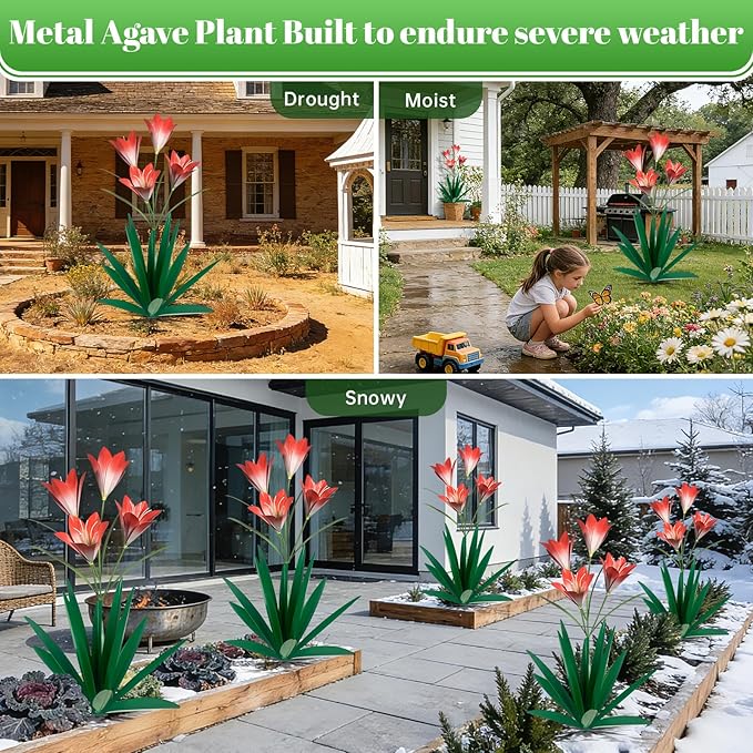 TOMBABY 32.28 Inch Metal Agave Plant Outdoor Decoration Lily Mexican Yard Art Garden Gift Home Decor Hand Painted Metal Agave Garden Yard Statue (2, Green)