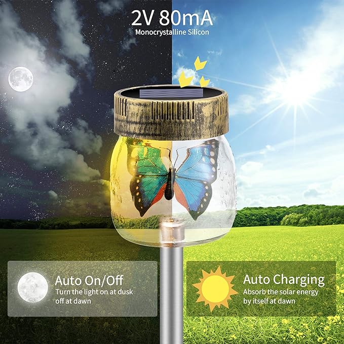 SUNWIND Solar Garden Lights Outdoor Decorative - 3 Pack Decorative Butterfly Glass Jar Lights for Pathway, Lawn, Yard