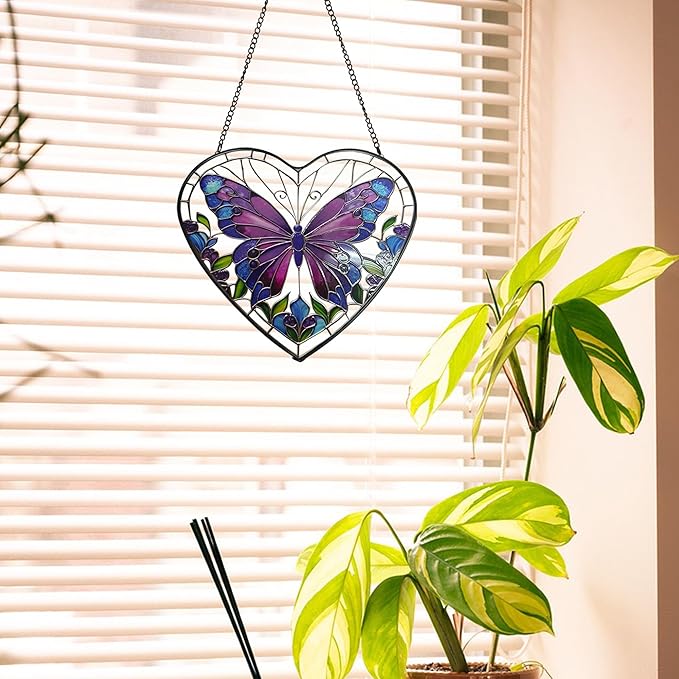 Butterfly Stained Glass Window Hanging, Blue-Purple Butterfly Suncatcher Window Wall Garden Decor with Chain, Heart Suncatchers Gift for Women, Mom, Wife, Aunt, 7.9 in