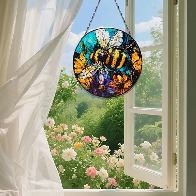 Stained Glass Window Hanging, Bee Yellow Flower Suncatcher for Doors Home Sun Catchers Decoration, Mother's Day Birthday Gifts for Women, Men, and Mom