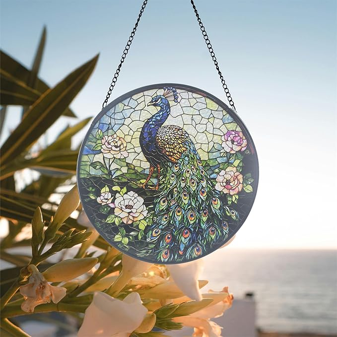 Stained Glass Sun Catcher,Peacock Glass Window Hanging Garden Decor,Sun Catchers Indoor Window,Whimsical Decoration for Home Backyard Patio Lawn Porch with 6.3 INCH