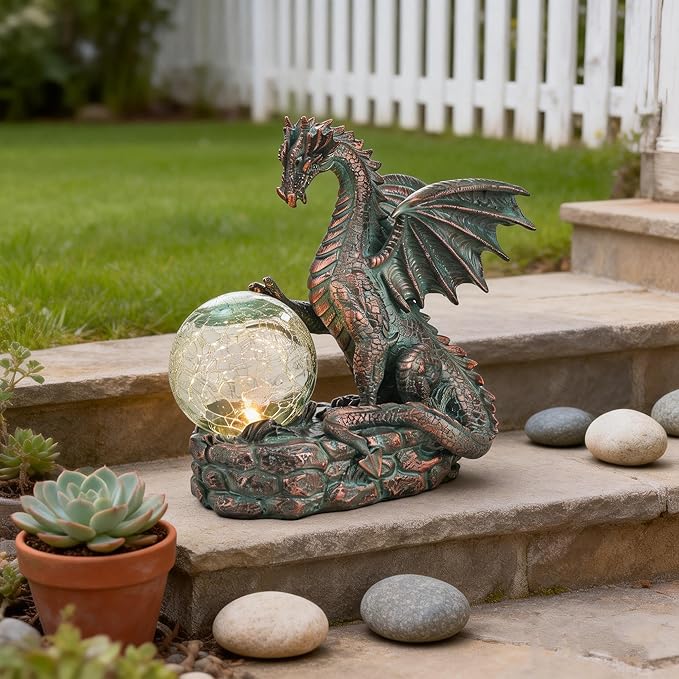 TERESA'S COLLECTIONS Dragon Outdoor Statues with Solar Crackle Globe Light, Resin Bronze Gothic Garden Decor,Touching Magic Ball Resin Lawn Ornaments for Patio Yard Decorations Gifts for Mom Dad, 6"