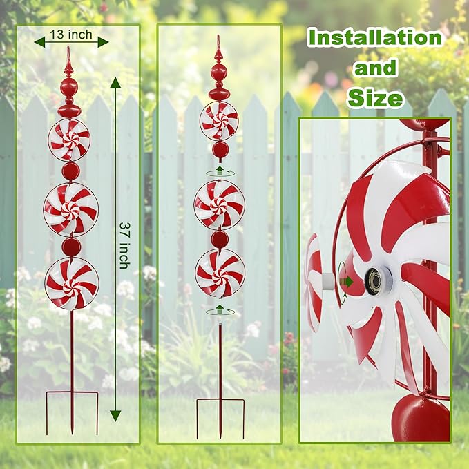 Red Candy Wind Spinner Mother's Day Outdoor Decorations,52 Inch Metal Wind Spinner Outdoor Decoration for Yard Art and Garden Lawn Ornaments，Outdoor Mother's Day Decorations Yard and Lawn Ornaments