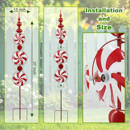 Red Candy Wind Spinner Mother's Day Outdoor Decorations,52 Inch Metal Wind Spinner Outdoor Decoration for Yard Art and Garden Lawn Ornaments，Outdoor Mother's Day Decorations Yard and Lawn Ornaments