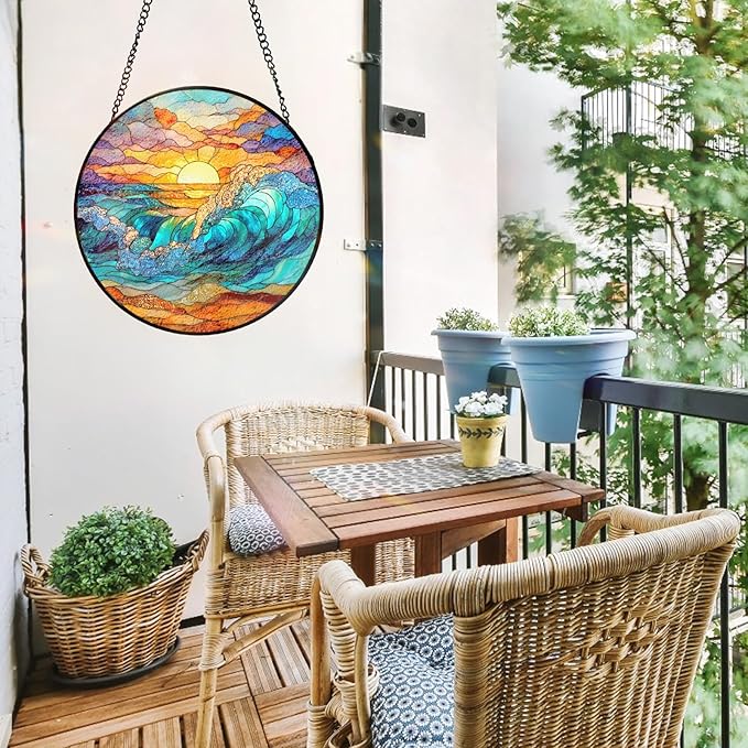7.8 Inch Stained Glass Window Hanging Sunrise Clouds Sea Waves Sandbeach Sun Catcher Indoor Window Door Wall Yard Home Decor Scenery Colorful Glass Panel Suncatcher Gifts for Women Men Mom Grandma