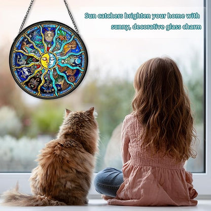 Sun and Moon Stained Glass Window Hanging, Suncatcher for Window Hanging, Sun Catchers Indoor Windows Wall Art for Mom Grandma, Gothic Moon Witchy Suncatcher for Home Garden Office 7.87 inches