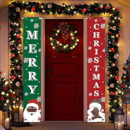 Merry Christmas Banner- Christmas Door Banner 71"x 12" Hanging Black Santa African American Santa Holiday Door Porch Sign for Indoor Outside Yard Garden Party Decor