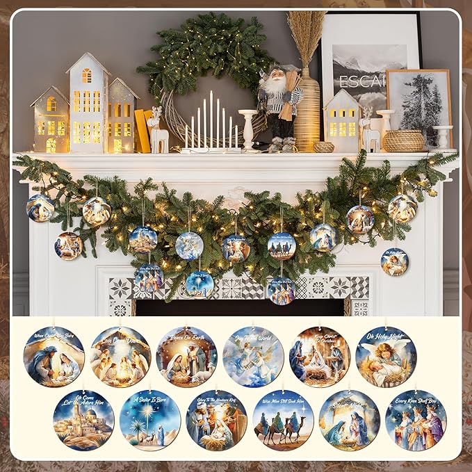 Soaoo 60 Pcs Nativity Scene Christmas Tree Ornament Christian Religious Ornaments Bulk Round Nativity Xmas Tree Hanging Wooden Decorations for Garden Yard Outdoor Home (Novel Style)