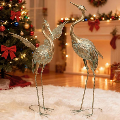 TERESA'S COLLECTIONS Garden Decor, Set of 2 Cranes Garden Decor, 25-26", Elegant Cranes with Golden Painting, Waterproof Metal Garden Statue, Herons Gifts Birthday Gifts for Women Mom