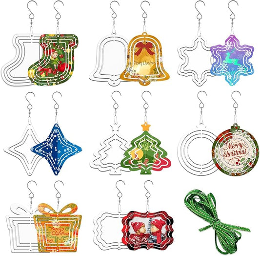 16 Pack 3inch 4inch Sublimation Wind Spinner Blanks 3D Aluminum Metal Wind Sculpture Kinetic Spinners for Yard and Garden Indoor Art Sublimation Christmas Ornament Hanging Decoration