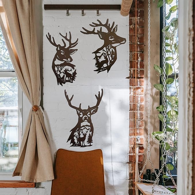 J-Fly Deer Metal Wall Art 9 Inch Deer Silhouette Wall Decor Rustic Forest Hunting Sign Woodland Valentine Decor for Fence Patio Porch Farmhouse Indoor for Living Room Bedroom Bathroom 3 Piece Set
