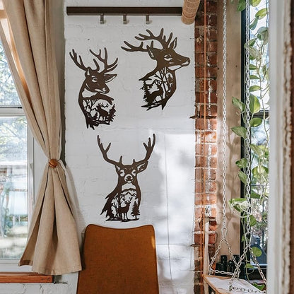 J-Fly Deer Metal Wall Art 9 Inch Deer Silhouette Wall Decor Rustic Forest Hunting Sign Woodland Valentine Decor for Fence Patio Porch Farmhouse Indoor for Living Room Bedroom Bathroom 3 Piece Set