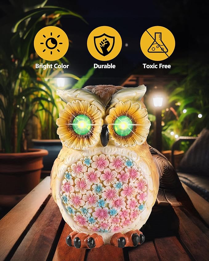 GoGnome Hand-Painted Resin Owl Figurine with Glow-in-The-Dark Eyes, Solar-Powered Garden Decor 5.5'' Lawn Ornaments Statue Gardening Gifts for Outside Yard Art Patio (Owl)