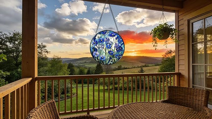 Stained Glass Window Hanging - Blue Floral Pattern 6.3 Inches Suncatcher for Garden Home Decor for Women Mon Grandma Friends