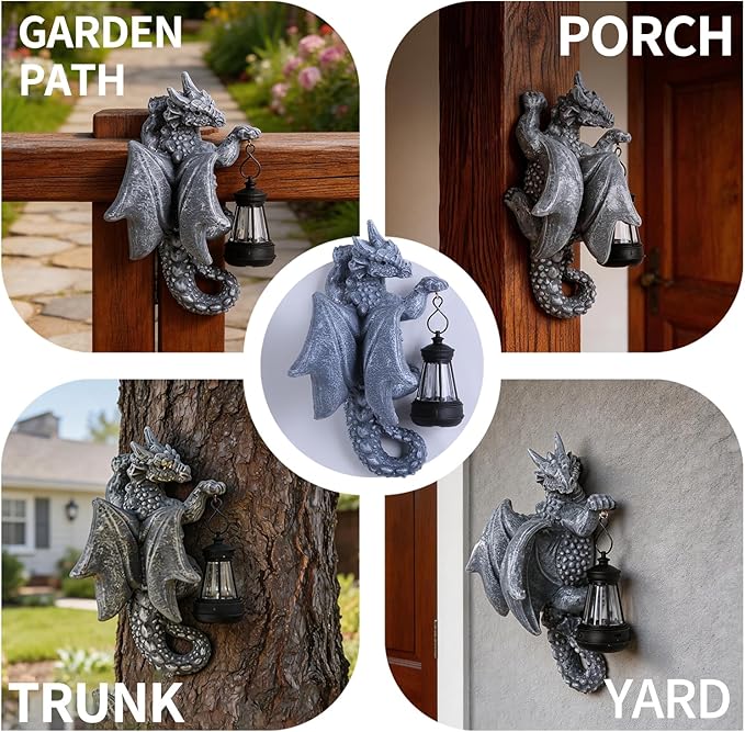Solar Dragon Tree Hugger Garden Statue - 9.3" Resin Outdoor Statue with Solar Lights - Medieval Fantasy Yard Art, Unique Birthday Gifts for Mom, Women - Waterproof Patio Yard Decorations