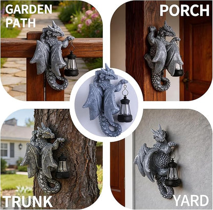Solar Dragon Tree Hugger Garden Statue - 9.3" Resin Outdoor Statue with Solar Lights - Medieval Fantasy Yard Art, Unique Birthday Gifts for Mom, Women - Waterproof Patio Yard Decorations