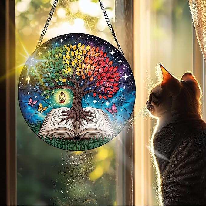 VAIIEYO Tree Sun Catcher Stained Glass Window Hanging Ornament, Handmade Sun Catcher Plant Decoration with Hooks for Window Garden Home, Mother's Day & Birthday Housewarming Gift (7.8 inch)