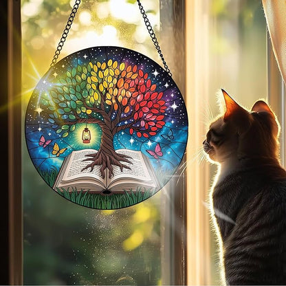 VAIIEYO Tree Sun Catcher Stained Glass Window Hanging Ornament, Handmade Sun Catcher Plant Decoration with Hooks for Window Garden Home, Mother's Day & Birthday Housewarming Gift (7.8 inch)
