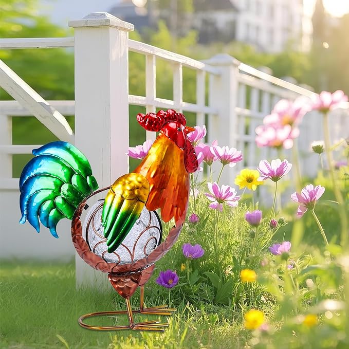 MUMTOP Rooster Solar Lights Outdoor Garden Decor, Rooster Solar Light Outdoor Waterproof with Crackle Glass Globe Gardening Statue Gifts and Metal Chicken Yard Art for Lawn Porch Patio Outside Garden