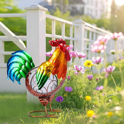MUMTOP Rooster Solar Lights Outdoor Garden Decor, Rooster Solar Light Outdoor Waterproof with Crackle Glass Globe Gardening Statue Gifts and Metal Chicken Yard Art for Lawn Porch Patio Outside Garden