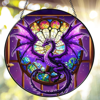 Purple Dragon Stained Glass Window Hanging Dragons SunCatcher Dragon Lovers Gifts for Kid Room Decor Handmade SunCatcher Decoration for Home Decor, 7.87inch