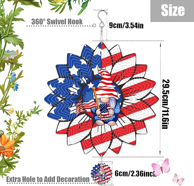 Sunflower American Flag Gnome Patriotic Wind Spinners Outdoor for Yard and Garden,12 Inch 3D Stainless Steel Metal Hanging Kinetic Wind Sculpture, Independence Day Decor Indoor Art