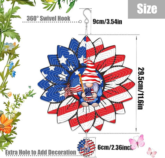 Sunflower American Flag Gnome Patriotic Wind Spinners Outdoor for Yard and Garden,12 Inch 3D Stainless Steel Metal Hanging Kinetic Wind Sculpture, Independence Day Decor Indoor Art