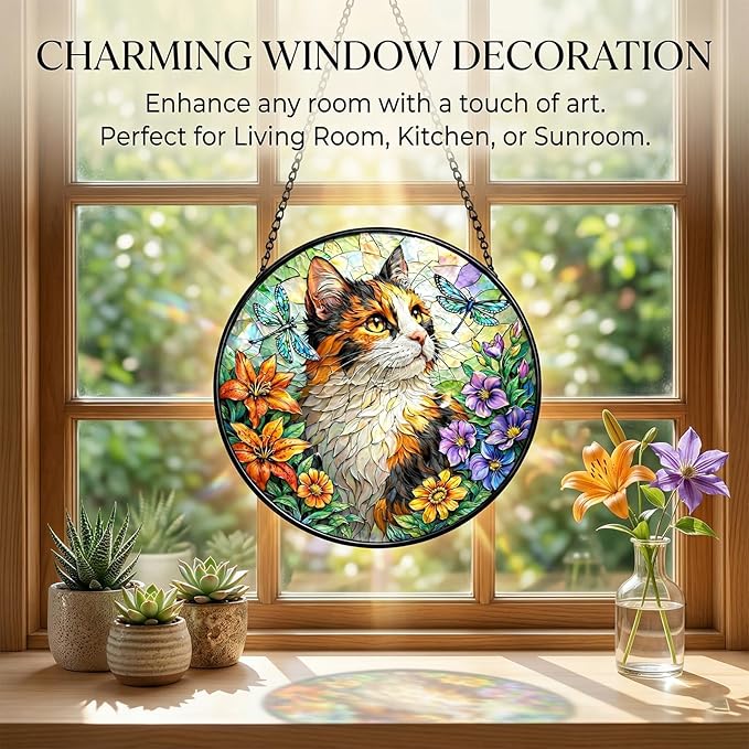 Stained Glass Cat Suncatcher, Double-Sided Light Sun Catchers Indoor Window, Stained Glass Window Hanging Panel, Cat Suncatcher for Windows Hanging Home Decor Mom Gift (6 Inch)