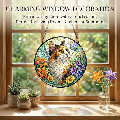 Stained Glass Cat Suncatcher, Double-Sided Light Sun Catchers Indoor Window, Stained Glass Window Hanging Panel, Cat Suncatcher for Windows Hanging Home Decor Mom Gift (6 Inch)