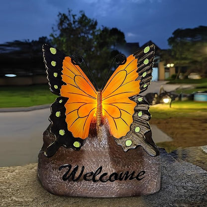 Garden Butterfly Statue Outdoor, Butterfly Figurine with Solar Powered LED Light, Waterproof Lawn Ornaments Statuary Decoration, Welcome Animal Outdoor Decor Light for Patio Balcony Yard (Black)