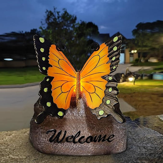 Garden Butterfly Statue Outdoor, Butterfly Figurine with Solar Powered LED Light, Waterproof Lawn Ornaments Statuary Decoration, Welcome Animal Outdoor Decor Light for Patio Balcony Yard (Black)