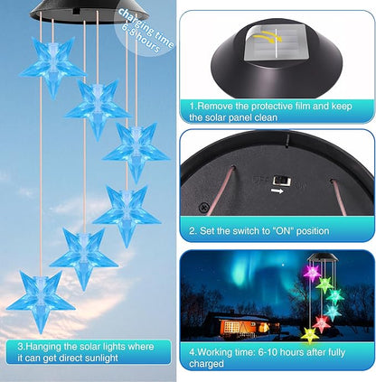 Blue Star Solar Wind Chime Outdoor Color Changing Crystal Star Solar Light Gifts for Women Waterproof LED Wind Chime Garden Decor Solar Powered Windchimes Unique Chiristmas Gifts